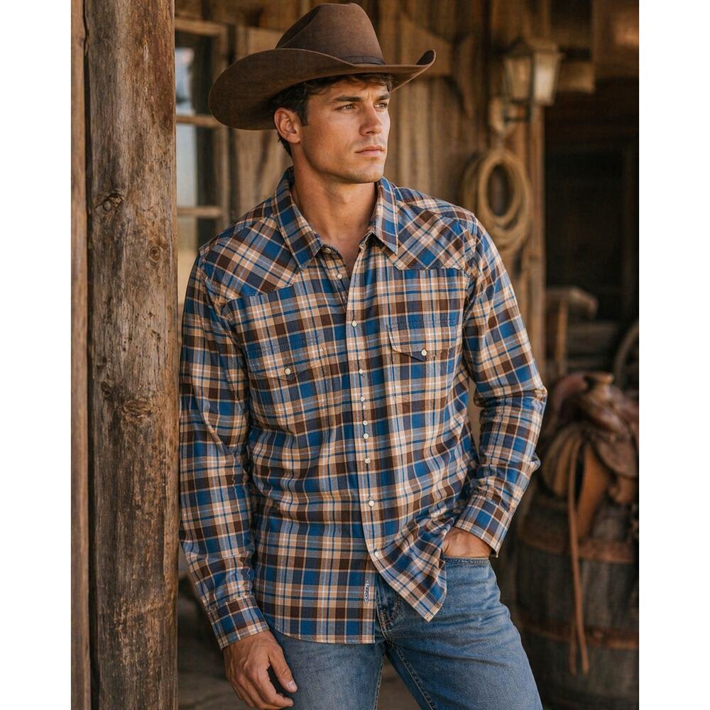 Lucky Brand Plaid Snap Shirt XXL Slim Fit Western Blue Brown Mens